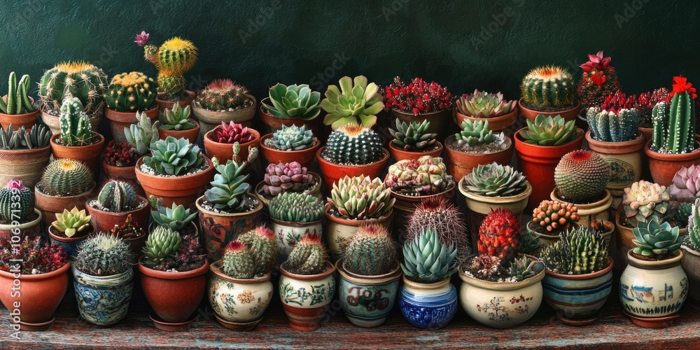 Fototapeta premium Vibrant Cactus Collection in Clay Pots