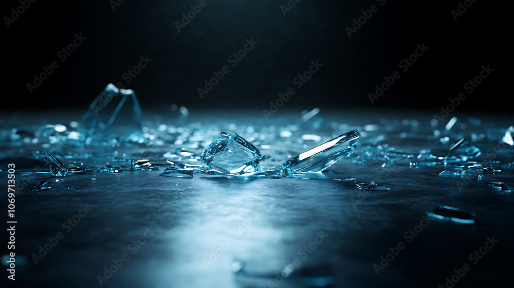 Shattered glass on floor in dark room, sense of tension, 8k, hyper realistic, real life based.