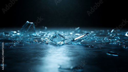 Obraz na płótnie Shattered glass on floor in dark room, sense of tension, 8k, hyper realistic, real life based. w salonie