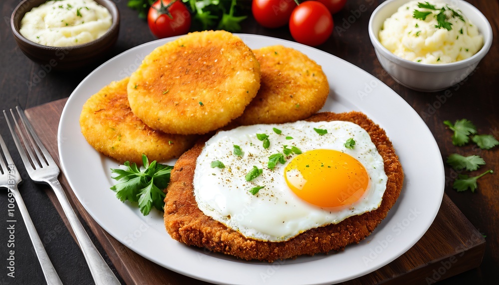 Crispy schnitzel with sunny side up egg and potato cakes garnished with fresh vegetables Crispy schnitzel with sunny side up egg and potato cakes garnished with fresh vegetables