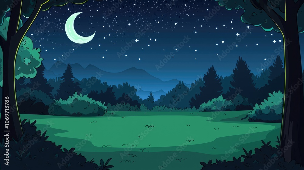 A Nighttime Forest Scene with a Crescent Moon and Stars