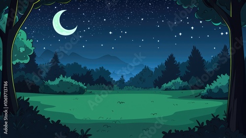 A Nighttime Forest Scene with a Crescent Moon and Stars photo