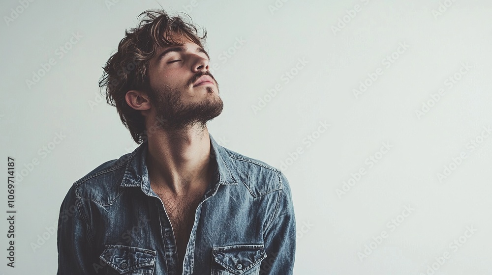 Fototapeta premium Relaxed Man in Denim Shirt Posing Confidently
