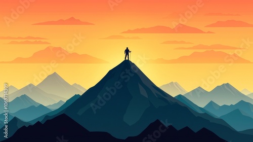 A silhouetted hiker stands triumphantly on a mountain peak during a vibrant sunset, surrounded by distant mountains.