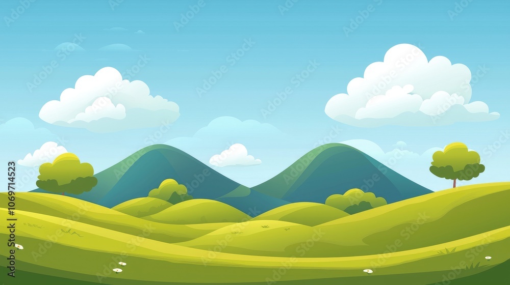 Obraz premium Cartoon Landscape with Rolling Hills, Lush Green Grass, and White Clouds