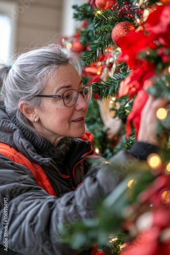 Staff members join together to decorate homes for elderly neighbors. They brighten up the holiday season, Generative AI