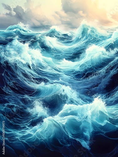 A stunning close-up view of turbulent ocean waves, showcasing vibrant shades of blue and white foam as they crash and swirl under a soft, cloudy sky.
