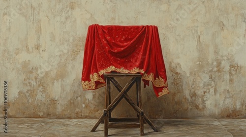 A traditional Banarasi sari in bright red, draped gracefully on a wooden stand, showcasing its shimmering zari work against a muted beige backdrop