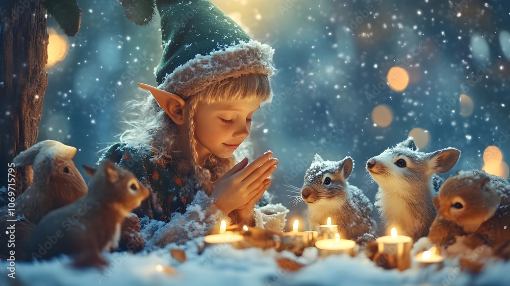 Elf Girl with Animals in Winter Elf Girl with Animals in Winter