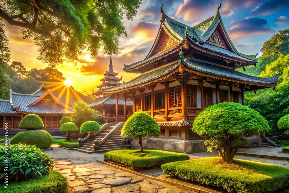 Obraz premium Captivating Exterior of an Ancient Buddhist Temple Building Surrounded by Lush Greenery and Tranquil Atmosphere, Showcasing Intricate Architecture and Cultural Heritage