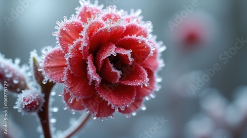 Red Flower Encased in Ice with Frozen Droplets Capturing Winter’s Delicate Beauty