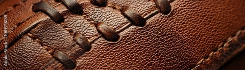 Close-up of a Brown Leather Football's Stitching and Texture photo