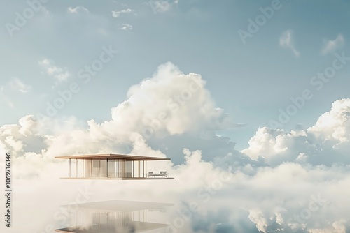 A floating minimalist tea house in the sky photo