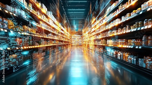 Supermarket aisle with digital data overlay.