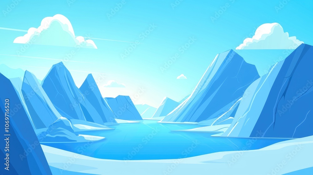 Blue Mountains and a Frozen Lake in a Cartoon Style