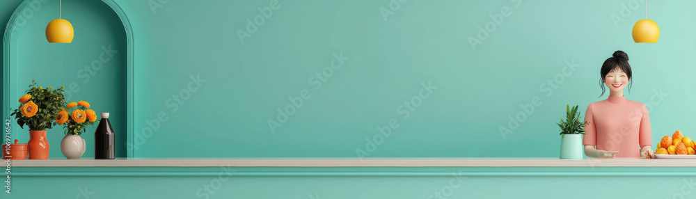 A vibrant, minimalist scene featuring a person at a pastel blue counter, with plants, flowers, and fruits adding a fresh touch. A vibrant, minimalist scene featuring a person at a pastel blue counter, with plants, flowers, and fruits adding a fresh touch.
