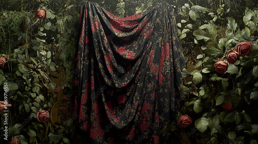 Draped Floral Fabric with Red Roses and Green Leaves - Romantic Vintage Aesthetic Draped Floral Fabric with Red Roses and Green Leaves - Romantic Vintage Aesthetic
