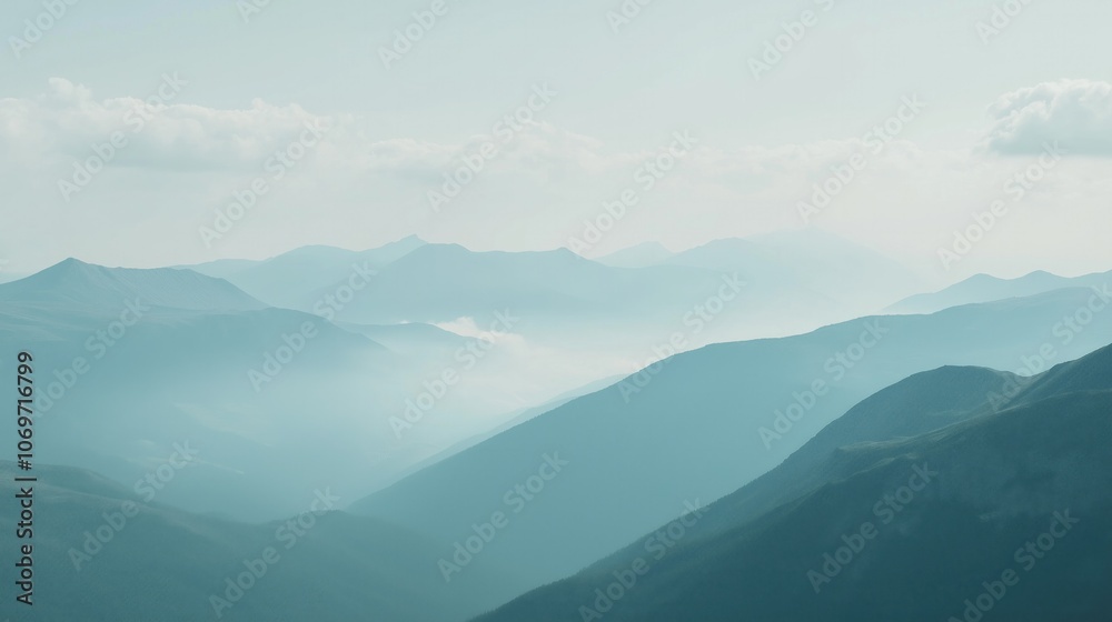 Fototapeta premium Majestic Mountain Panorama with Misty Clouds at Dawn - A Serene Aerial View