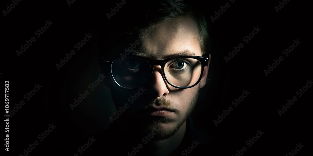 Captivating Long Exposure of a Face Silhouette in Glasses Against a Dark Background, Creating a Mysterious Atmosphere and Intriguing Visual Effect Captivating Long Exposure of a Face Silhouette in Glasses Against a Dark Background, Creating a Mysterious Atmosphere and Intriguing Visual Effect