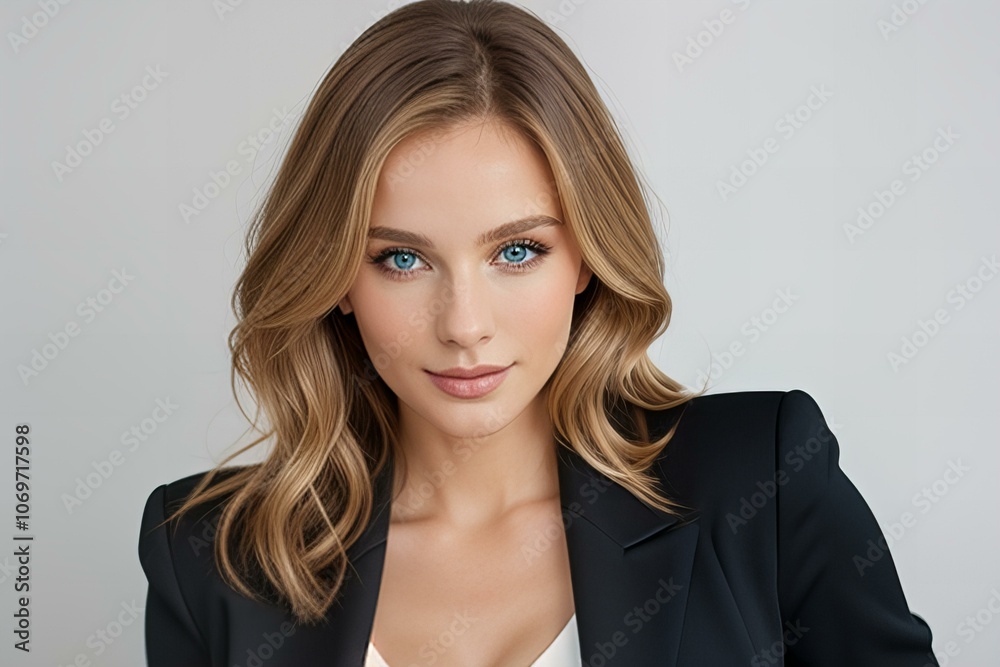 Elegant woman with wavy blonde hair wearing a black blazer. Elegant woman with wavy blonde hair wearing a black blazer.