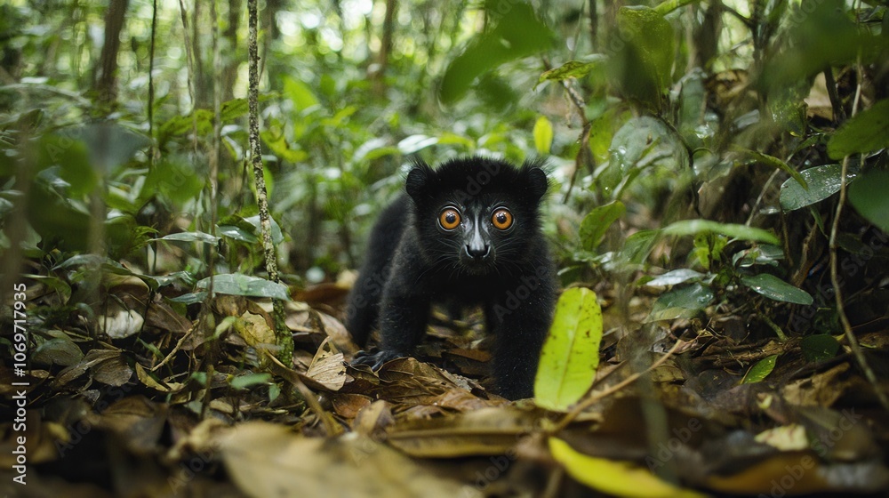 Obraz premium Curious Black-Furred Animal in Lush Forest Habitat