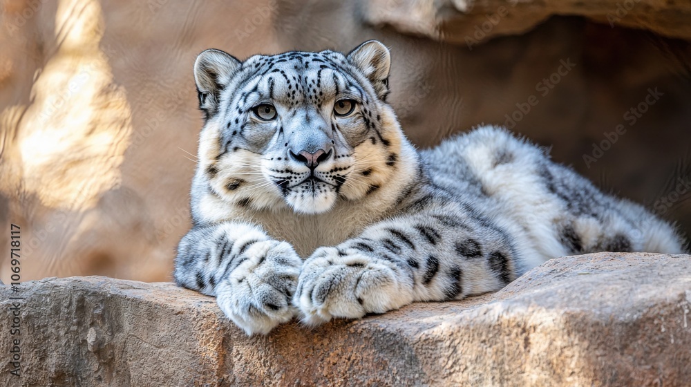 Snow Leopard Relaxing on Rocky Surface Snow Leopard Relaxing on Rocky Surface