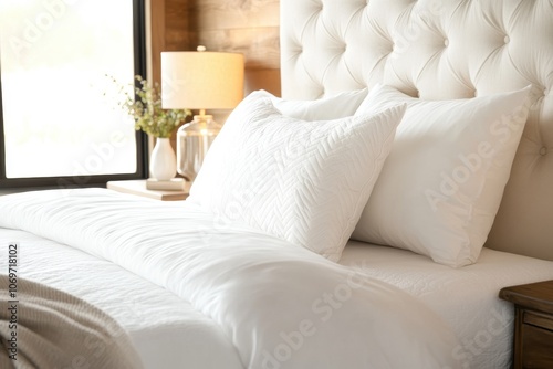 A cozy, elegantly styled bedroom featuring a plush bed with white bedding and pillows, complemented by a nearby lamp and wooden accents.