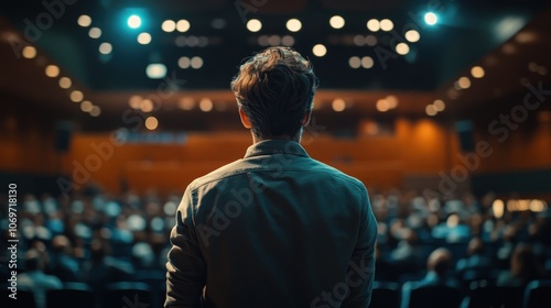 A tech startup founder presents a new product to an audience in a modern conference hall, with bright lighting emphasizing innovation and professional presentation.