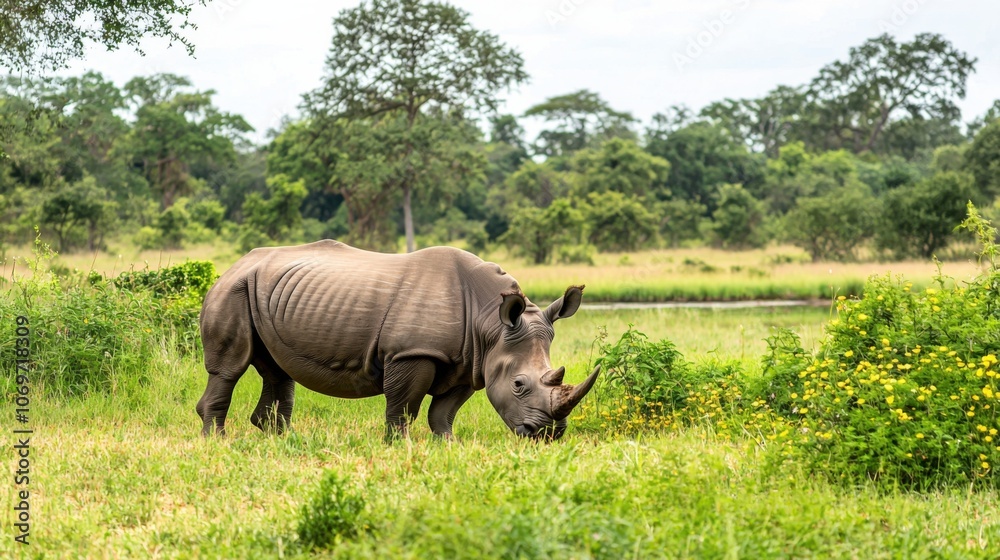 Fototapeta premium Majestic Rhino Grazing in Natural Habitat