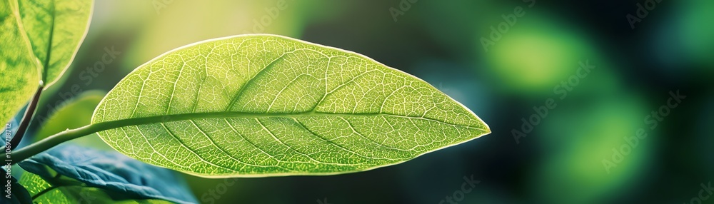 Fototapeta premium A Single Green Leaf with Visible Veins Against a Blurred Background