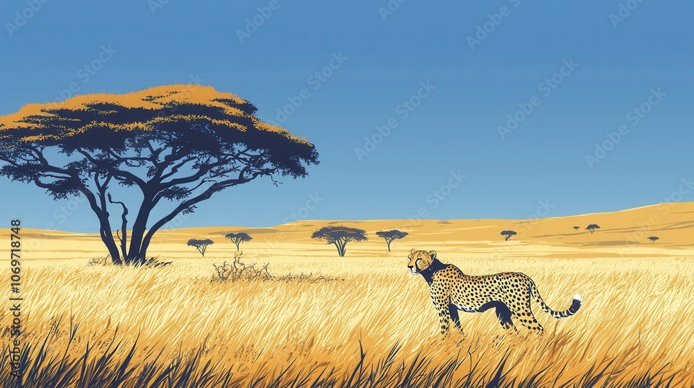 Obraz premium Cheetah Walking in Golden Grassland Landscape