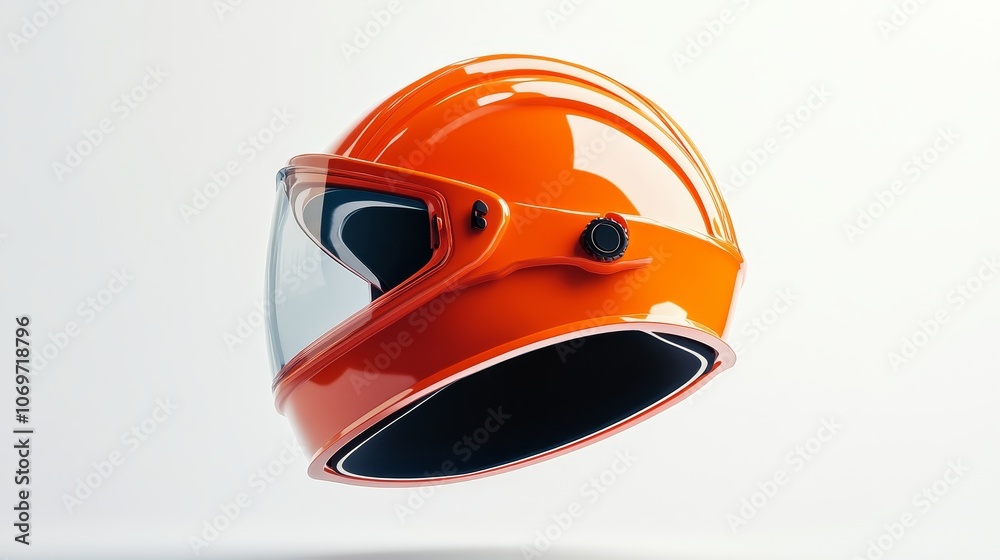Orange safety helmet floating in the air, soft light shining, right side isometric view, showcasing matte surface texture, white background, plastic color details in yellow, orange, and navy blue Orange safety helmet floating in the air, soft light shining, right side isometric view, showcasing matte surface texture, white background, plastic color details in yellow, orange, and navy blue