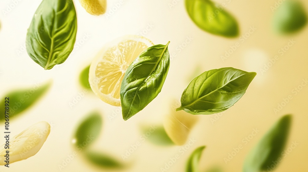 Naklejka premium Lemon Slices and Basil Leaves Floating in Air