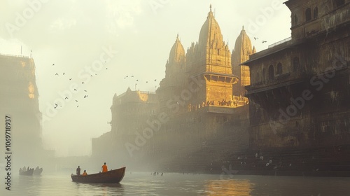 A tranquil view of the Kashi Vishwanath Temple in Varanasi, showcasing its golden spire rising above the Ganges River, symbolizing spirituality and devotion