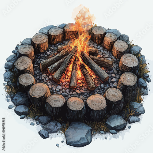 Firewood burning in the campfire. 3D illustration of a bonfire. 