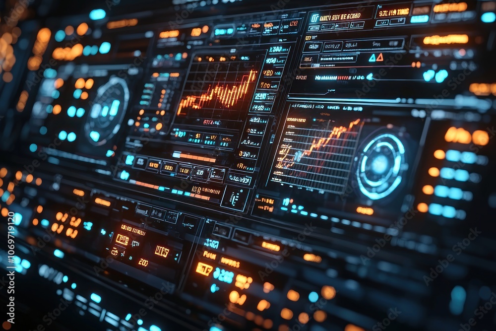 Futuristic Interface with Glowing Orange and Blue Displays Futuristic Interface with Glowing Orange and Blue Displays