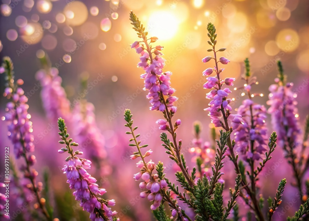 Fototapeta premium Captivating Low Light Photography of Heather Flowers with Dewdrops at Dawn, Highlighting Natural Beauty and Textures in a Serene Outdoor Setting