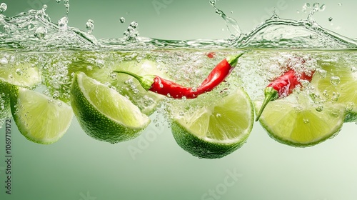 Lime Slices and Red Chili Peppers Splashing in Water photo