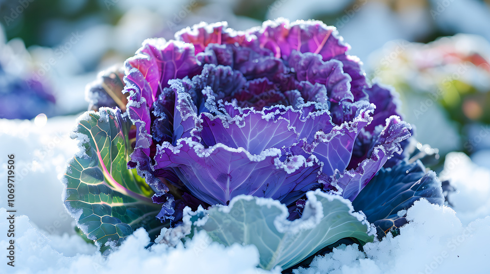 Obraz premium Purple ornamental cabbage blooming in a Japanese winter garden