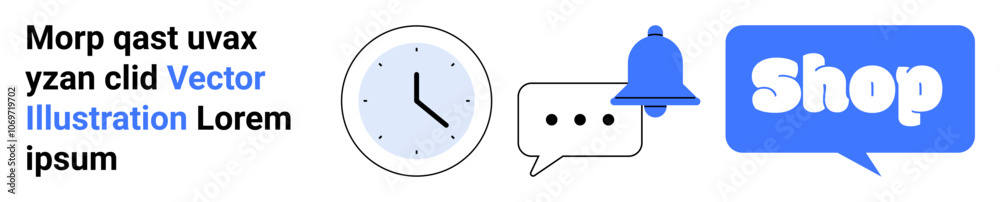 Clock representing time management chat bubble for communication notification bell for alerts and shop symbol for online shopping. Ideal for e-commerce websites time management communication Clock representing time management chat bubble for communication notification bell for alerts and shop symbol for online shopping. Ideal for e-commerce websites time management communication