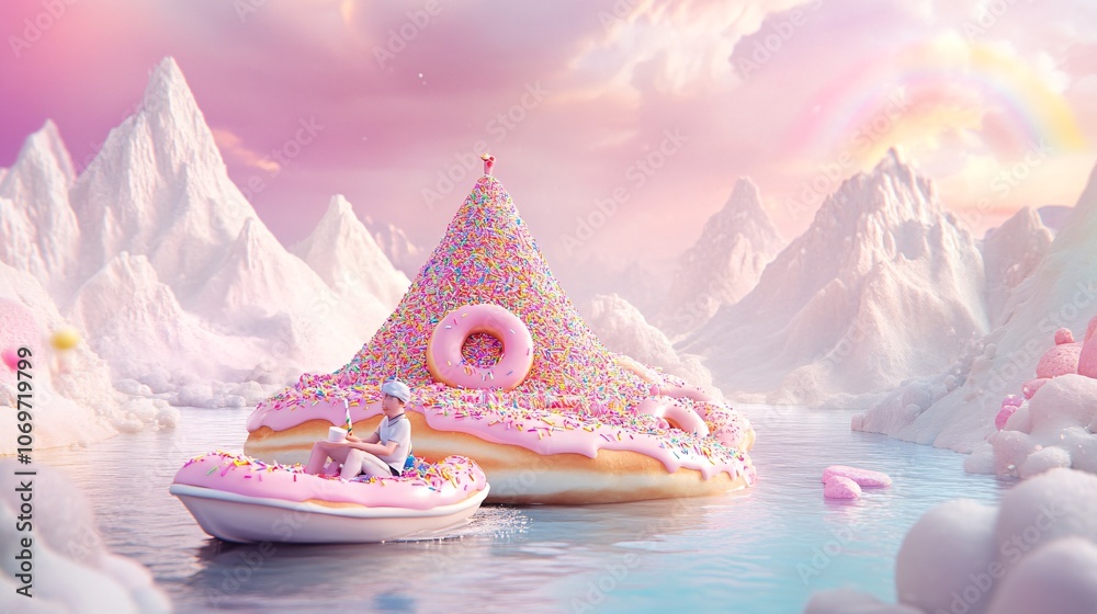 miniature landscape, mountain made out of donuts, there is a man sitting on a boat full of sprinkles in the river, the cover of a food advertisement, advertising design poster, birds eye view, pastel miniature landscape, mountain made out of donuts, there is a man sitting on a boat full of sprinkles in the river, the cover of a food advertisement, advertising design poster, birds eye view, pastel