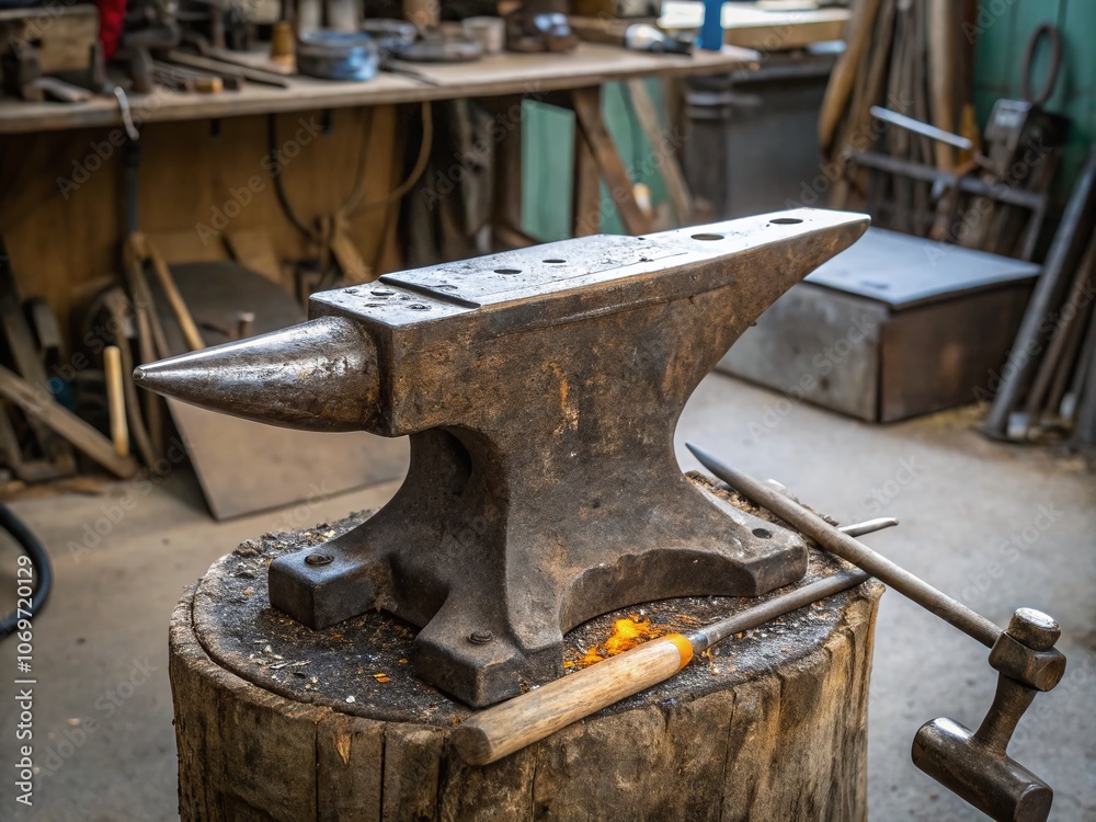 Captivating Macro Shot of a Blacksmith's Anvil Highlighting Intricate Details, Textures, and Patina in a Workshop Setting Perfect for Craftsmanship and Industrial Themes Captivating Macro Shot of a Blacksmith's Anvil Highlighting Intricate Details, Textures, and Patina in a Workshop Setting Perfect for Craftsmanship and Industrial Themes