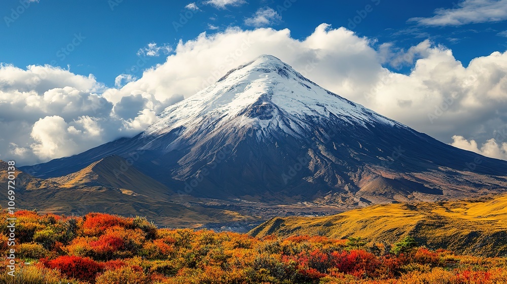 Naklejka premium Majestic snow-capped mountain peak rises above the landscape, with colorful hills and a bright blue sky filled with fluffy clouds. HD 