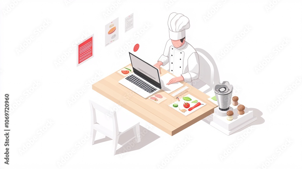 Simple isometric infographic of a male chef in a white uniform sitting at a butcher block desk, working with a flour-dusted laptop and open recipe books with post-it notes. Nearby, there is kitchen Simple isometric infographic of a male chef in a white uniform sitting at a butcher block desk, working with a flour-dusted laptop and open recipe books with post-it notes. Nearby, there is kitchen