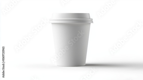 A white cup with a lid sits on a white background