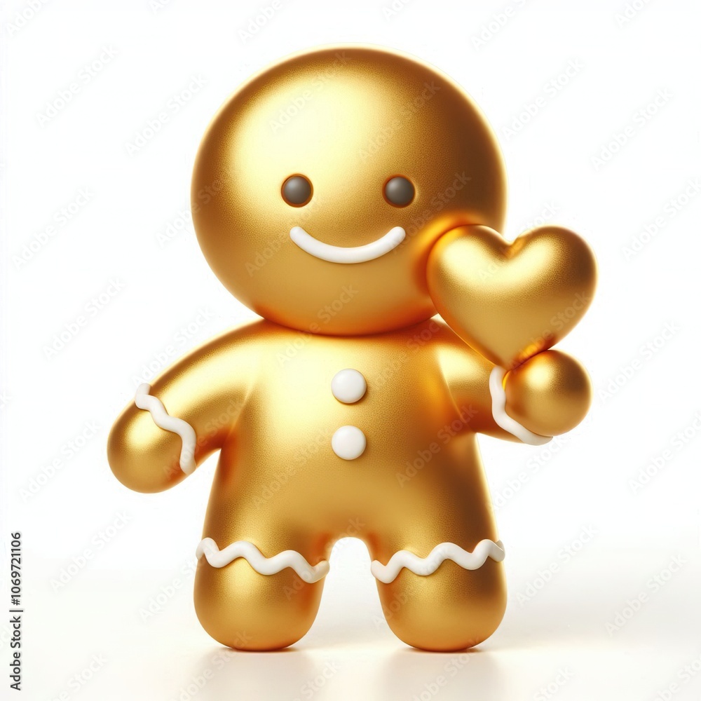 3d Cute metallic gold happy, funny gingerbread with heart pose 3d Cute metallic gold happy, funny gingerbread with heart pose