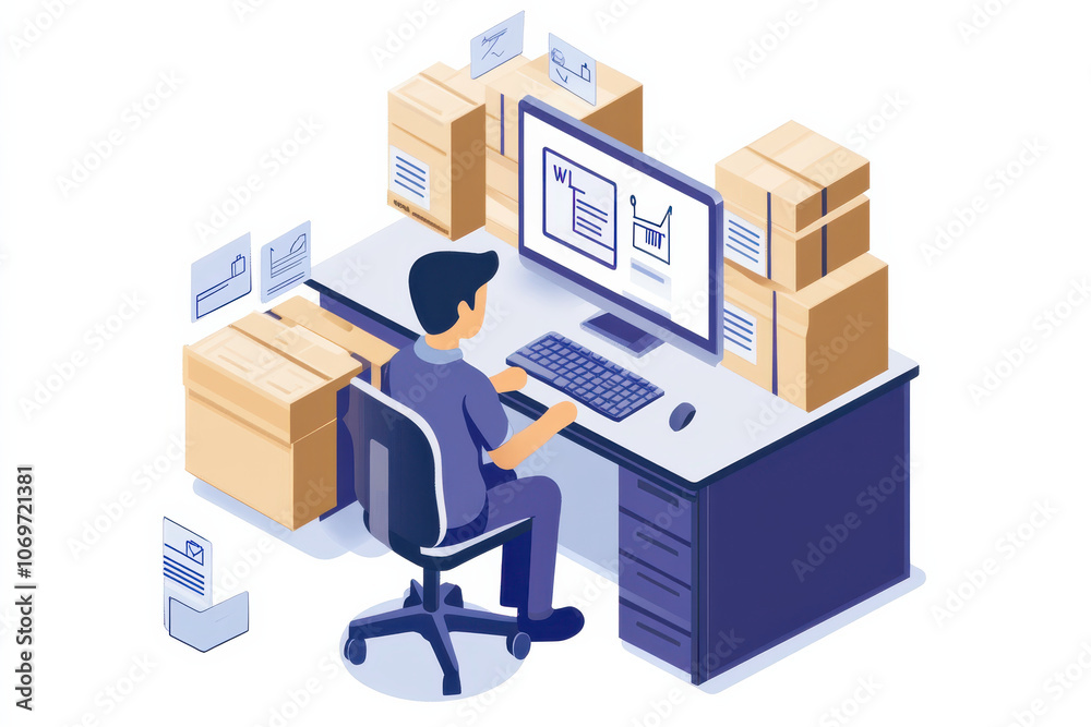 man working on computer in an office, surrounded by boxes, looking focused and determined man working on computer in an office, surrounded by boxes, looking focused and determined