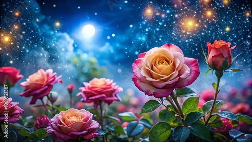 Captivating Night Photography of Glowing Roses Under the Moonlight with Dew Drops and Stars, Perfect for Floral Enthusiasts and Nature Lovers