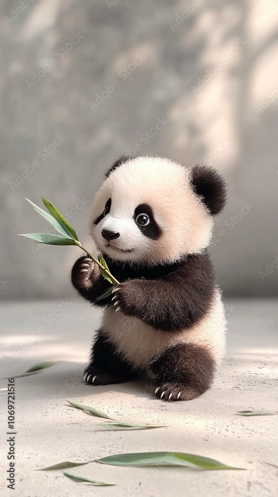Naklejka premium Adorable Panda Cub Holding Bamboo Shoots