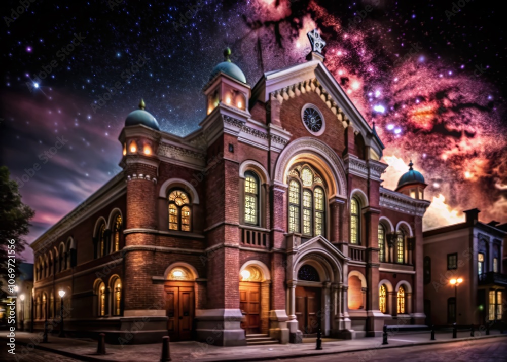 Captivating Night Photography of the Oldest Synagogue in America, Showcasing Architectural Beauty and Historical Significance Under Starlit Skies